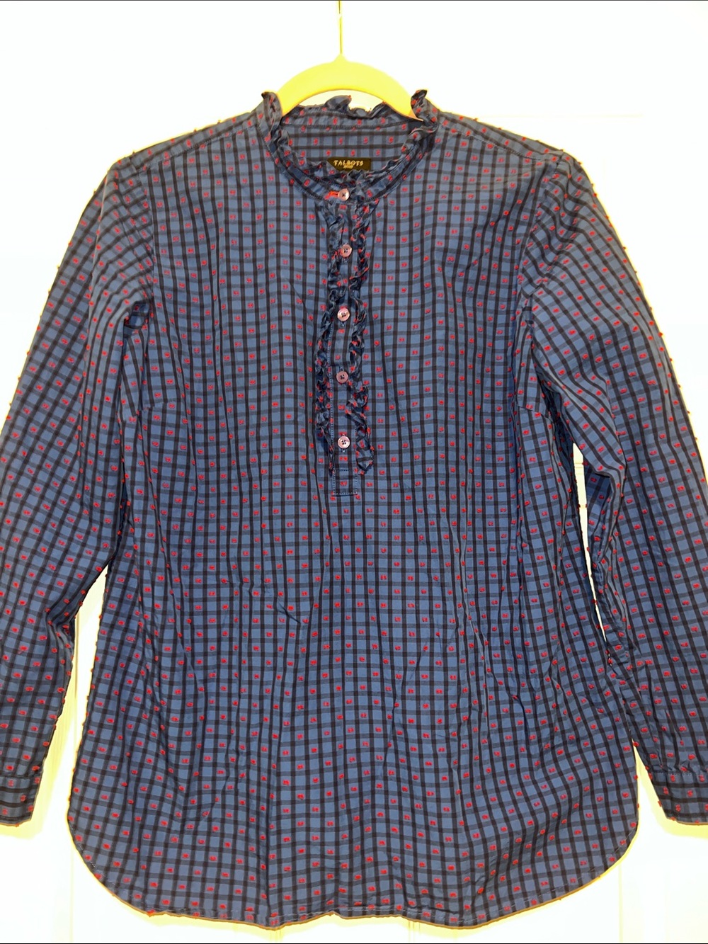 Talbots Navy and Red Checked Ruffle Henley - Picture 6 of 10